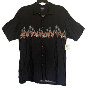 Arthouse Mens Black Hawaiian Floral Print Button Up Short Sleeve Shirt Size XLT